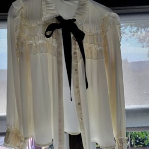 ZARA Cream blouse with black tie detail - Victorian